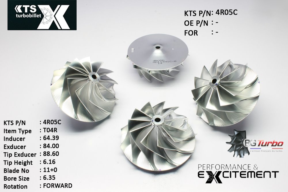 Turbo ROUE FORGÉE MFS PERFORMANCE - 11+0 PALES - INDUCER : 64,39 - EXDUCER : 84 - TYPE : T04RANGLE : 60° - ROTATION : Forward - SUPER BACK : 4,97 - BORE SIZE : 6,35
